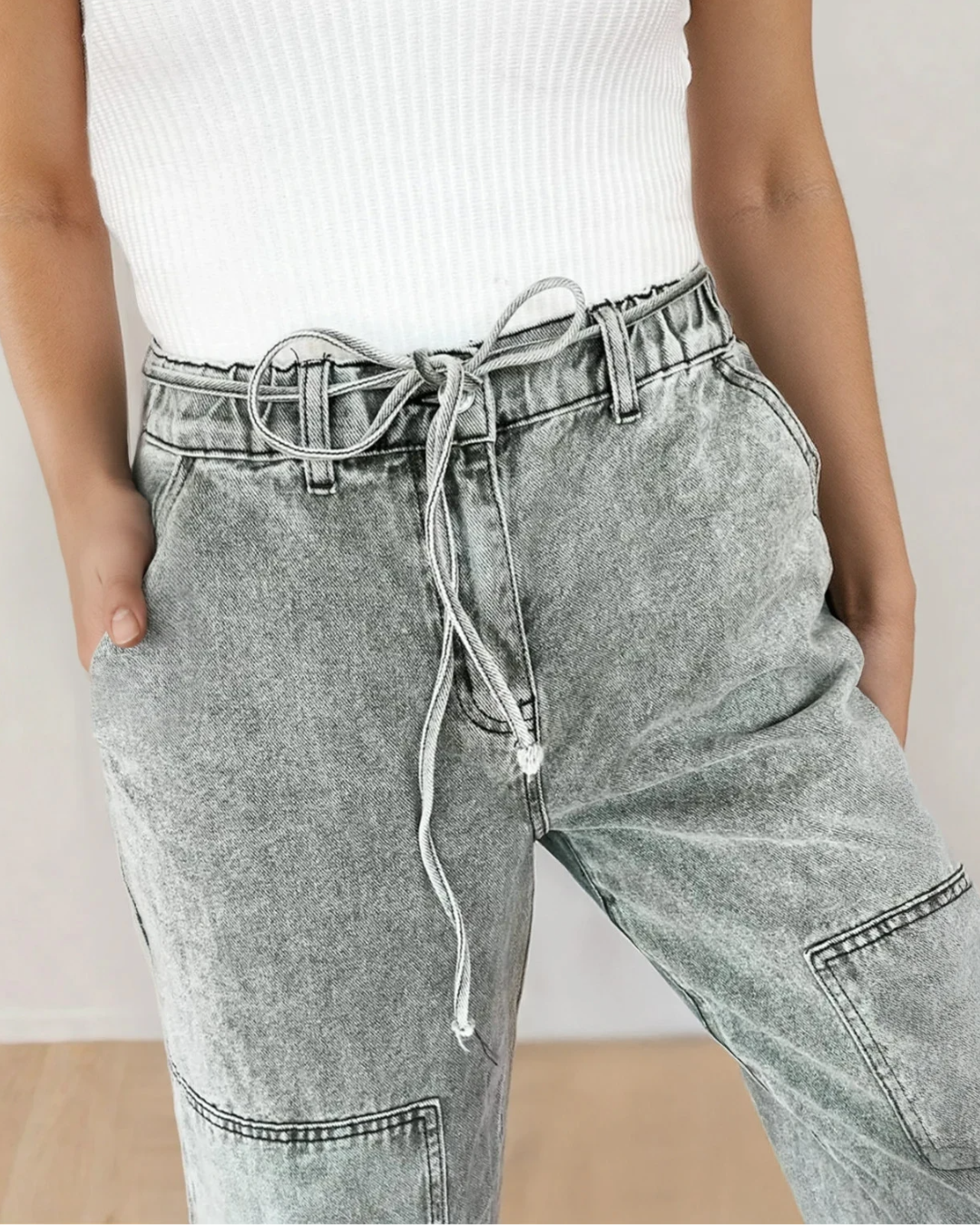 Gray Acid Wash Barrel Fit Denim Pants