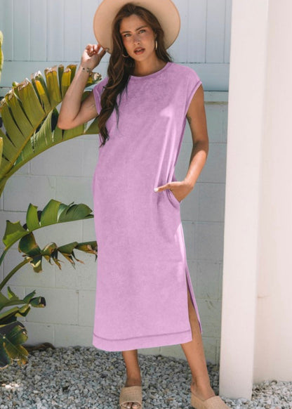 Cotton Side Split Cap Sleeve T-Shirt Dress