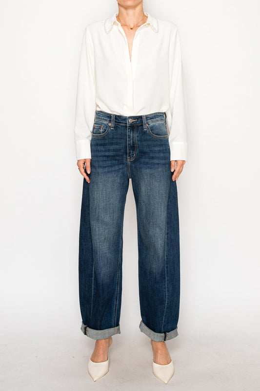 Relaxed Tapered Dark Wash Barrel Jeans
