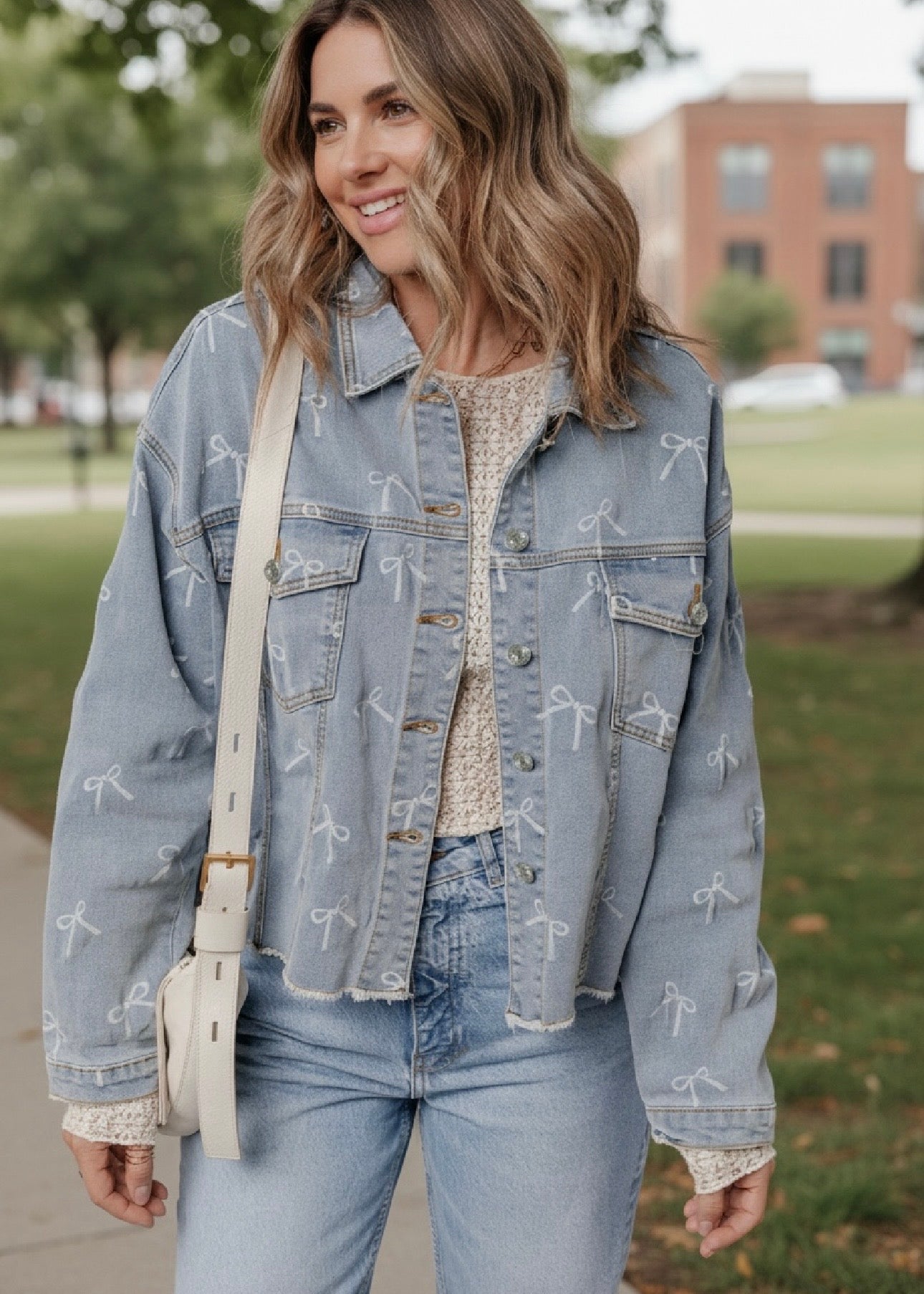 Denim Bow Light Wash Raw Hem Jacket