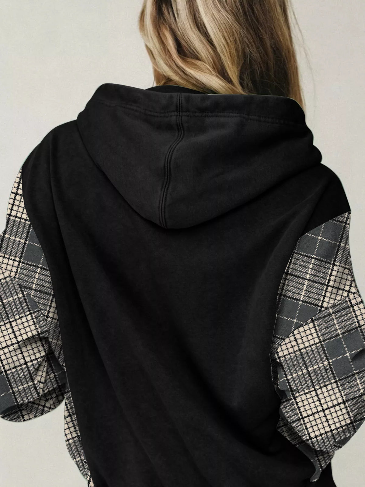 Plaid Sleeve Drawstring Pocket Hoodie - Poet Street Boutique