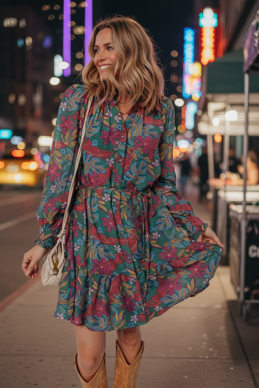 Floral Frilled V-Neck Puff Sleeve Ruffle Shirt Dress