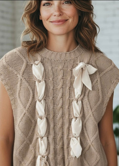 Colorblock Satin Bow Cable Knit Short Sleeve Sweater