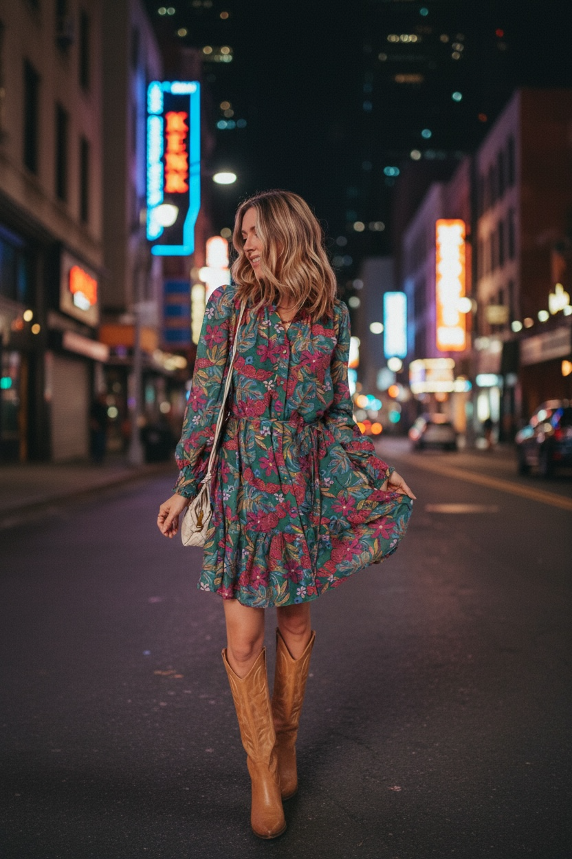 Floral Frilled V-Neck Puff Sleeve Ruffle Shirt Dress