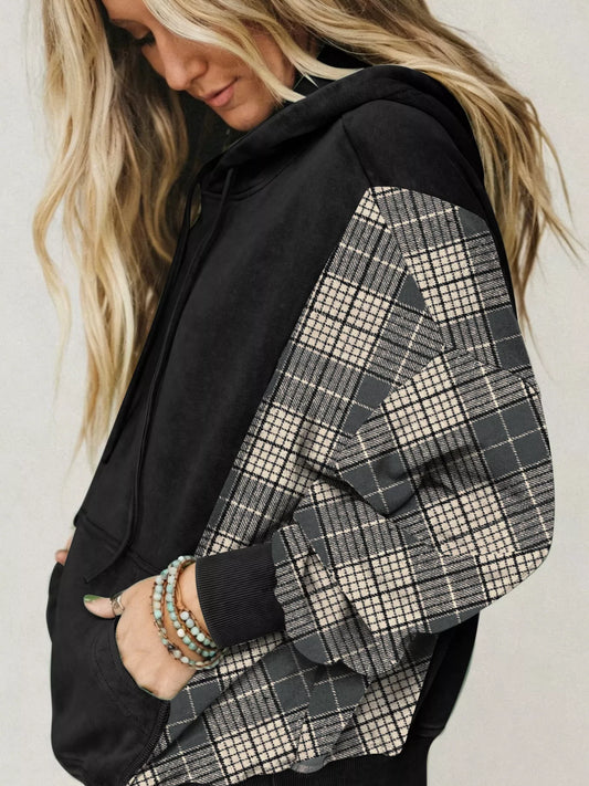 Plaid Sleeve Drawstring Pocket Hoodie - Poet Street Boutique
