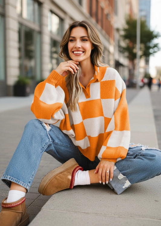 Checker Collared Long Sleeve Sweater Poet Street Boutique