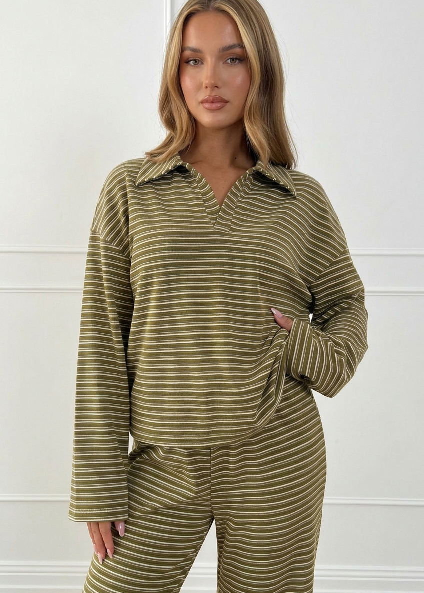 Casual Striped Polo Collar Long Sleeve Top and Wide-Leg Pants Set - Poet Street Boutique