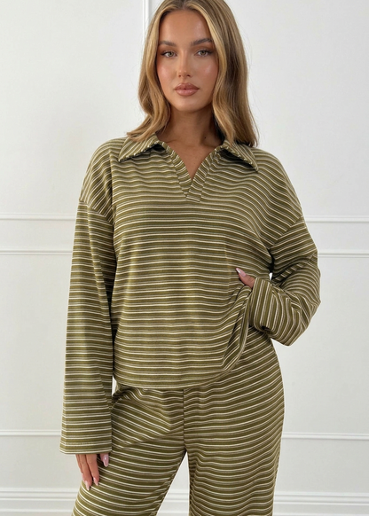 Casual Striped Polo Collar Long Sleeve Top and Wide-Leg Pants Set - Poet Street Boutique