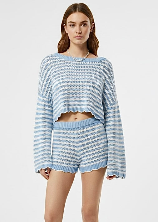 Blue Scalloped Edge Striped Top and Shorts Set
