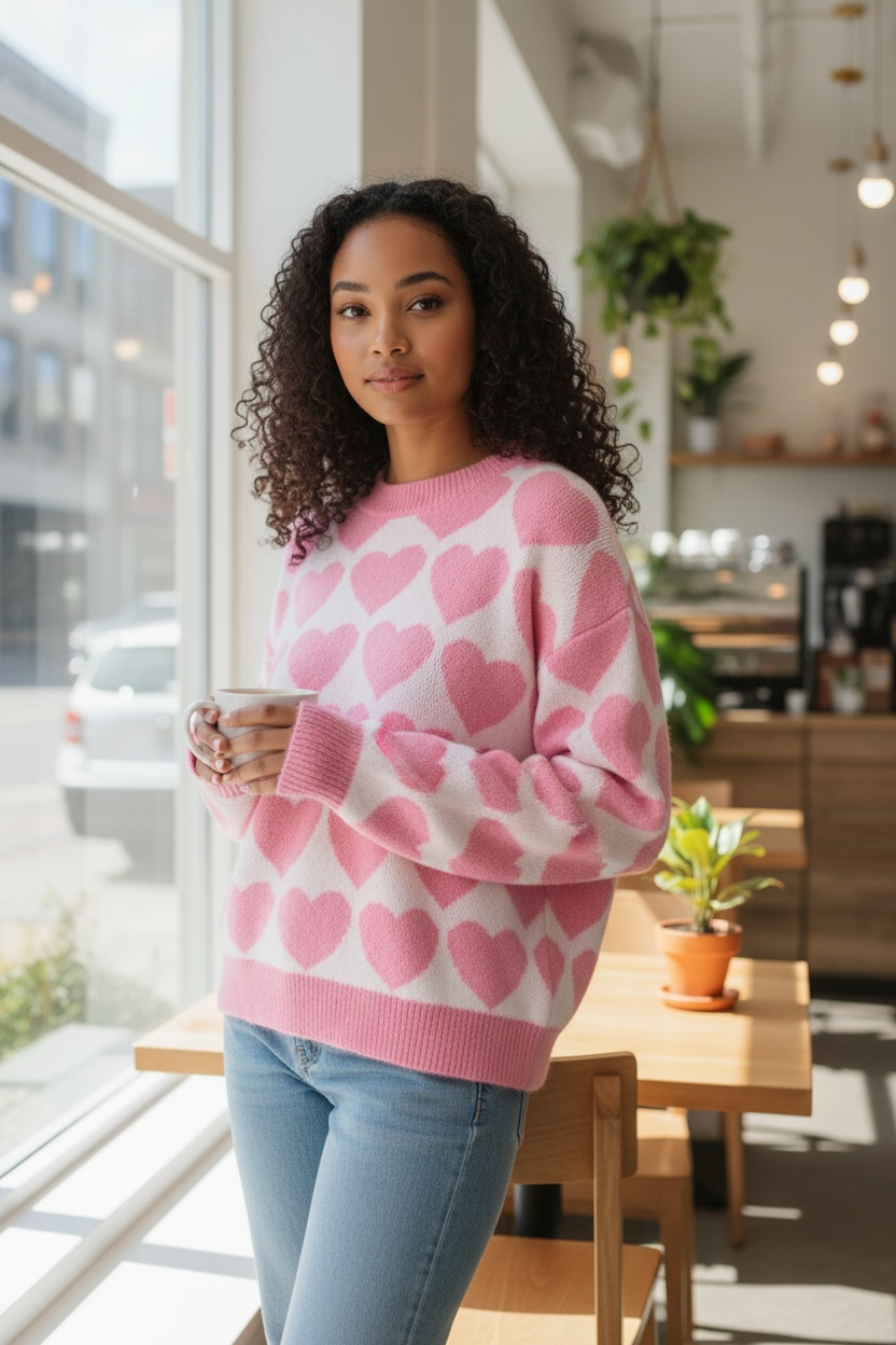 Valentine Heart Textured Knit Sweater