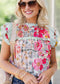 Pink Floral Ruffle Trim Pleated Panel Boho Blouse EG fashion