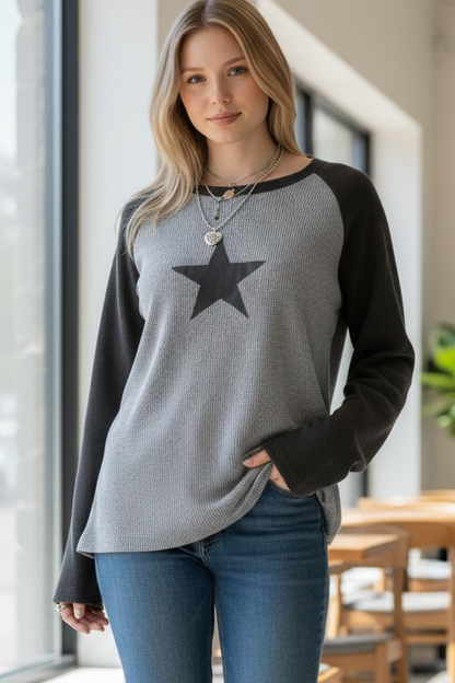 Waffle Knit Star Patch Graphic Raglan Top Poet Street Boutique