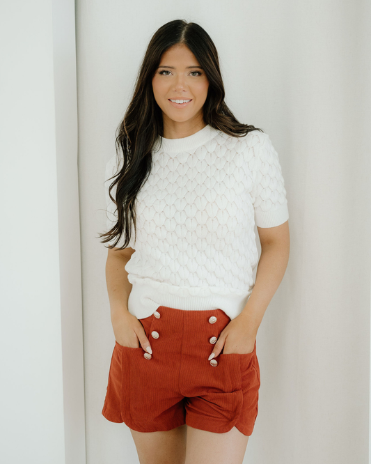 White Fish Scale Textured Knit Ribbed High Neck Short Sleeve Sweater