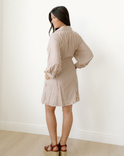 Serena Stripe Knot Waist Puff Sleeve Mini Dress