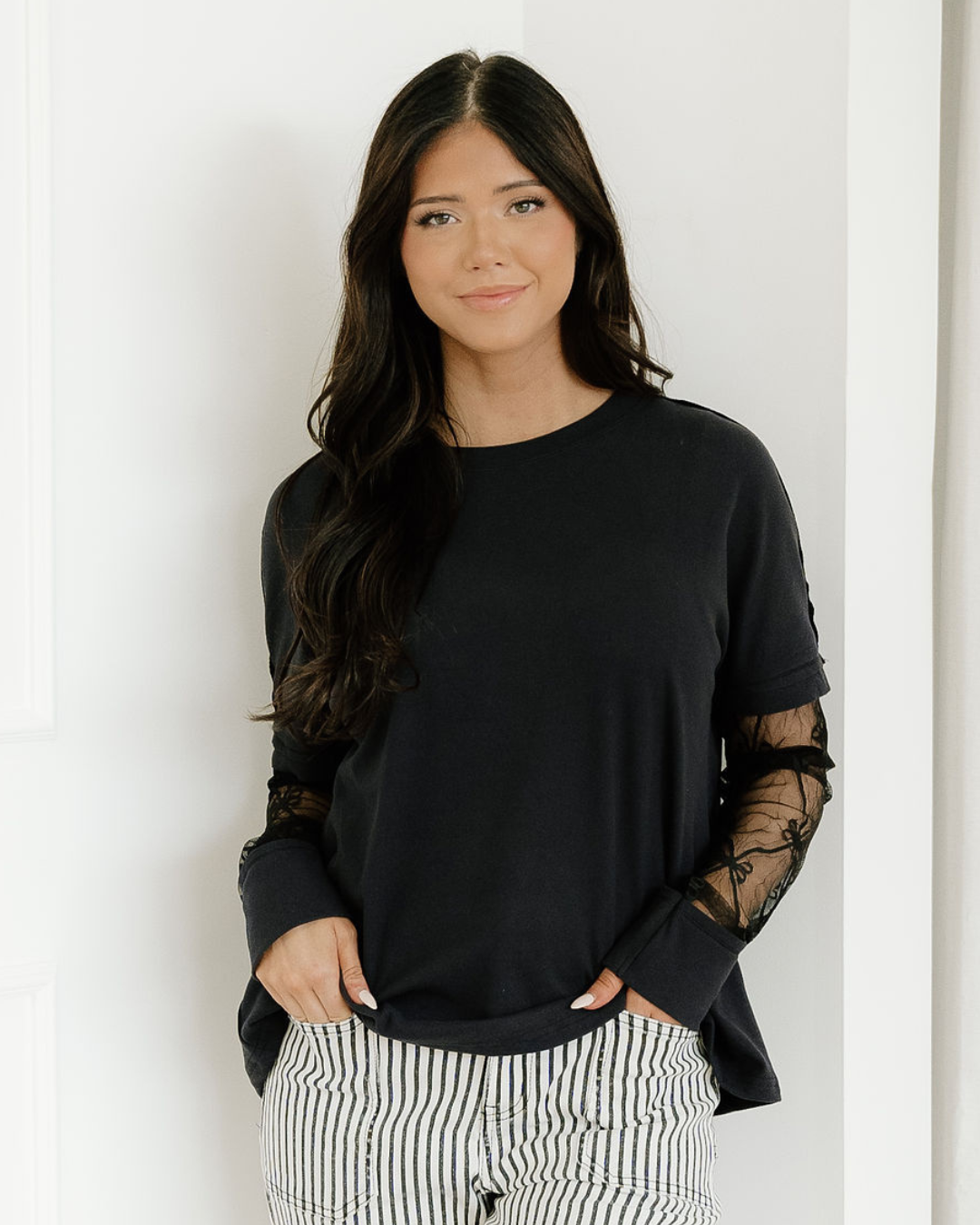 Lace Layered Long Sleeve Tee - Black