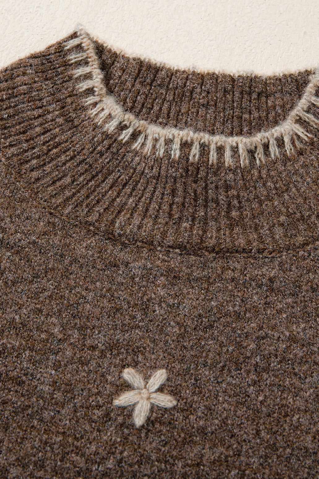Coffee Floral Embroidered Mock Neck Sweater