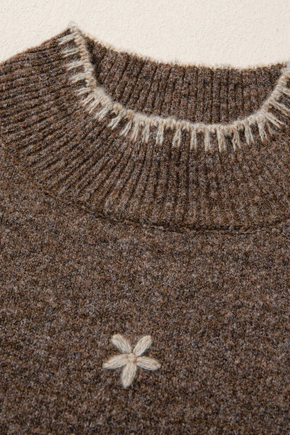 Coffee Floral Embroidered Mock Neck Sweater