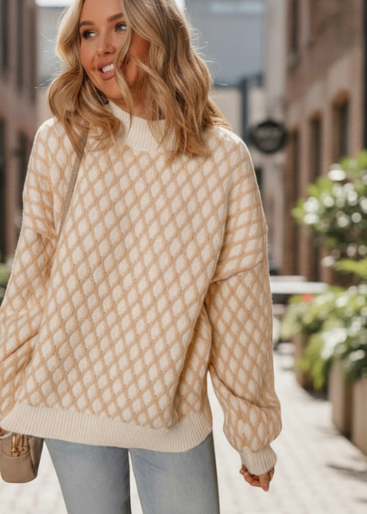 Ximena Rhombus Textured Knit Sweater Threaded Pear