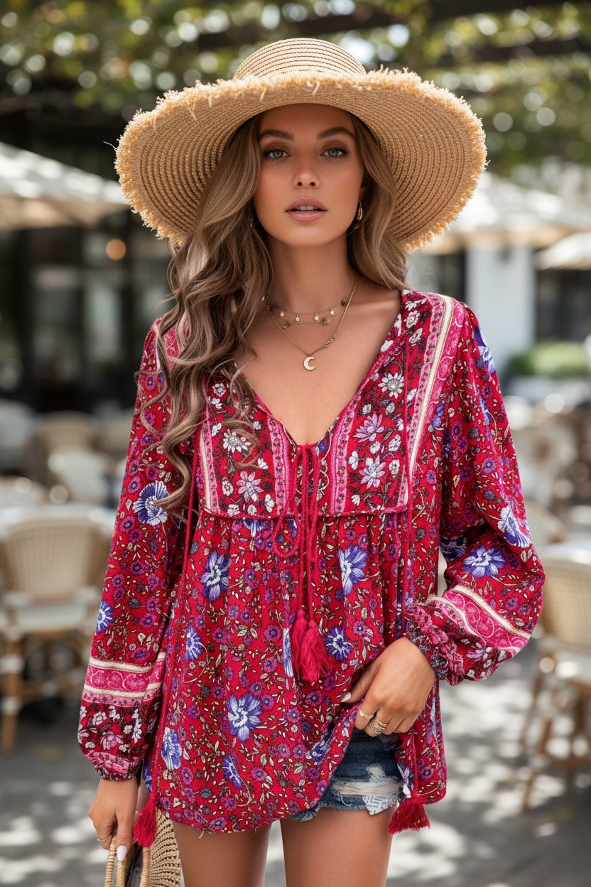 All Over Floral Print Cross Deep V Boho Top Supreme Fashion