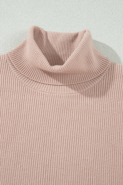 French Beige Turtleneck Split Hem Knit Tank