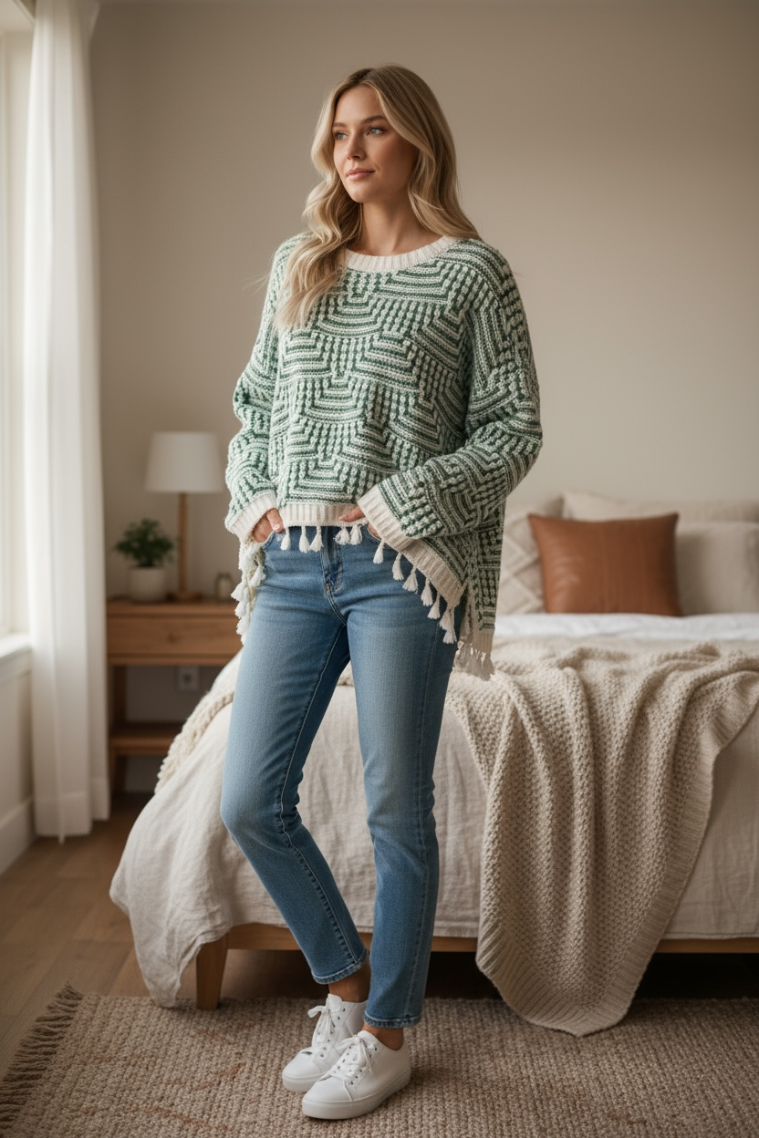 Plaid Knit Sweater with fringe Miss Sparkling