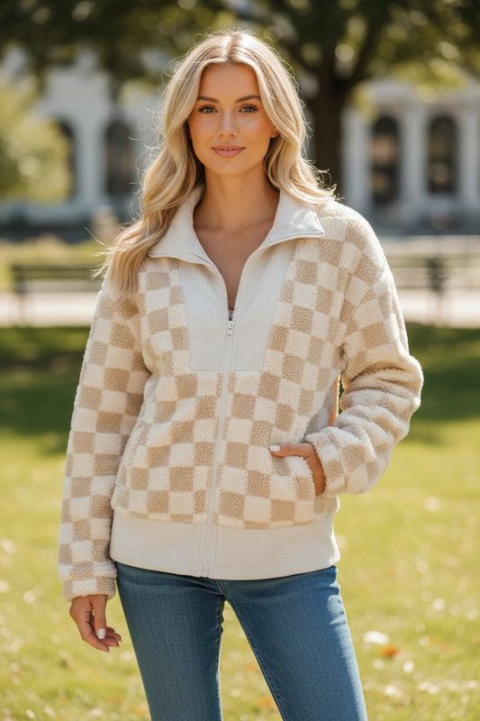 Checker Sherpa Corduroy Patchwork Zip-Up Jacket Poet Street Boutique