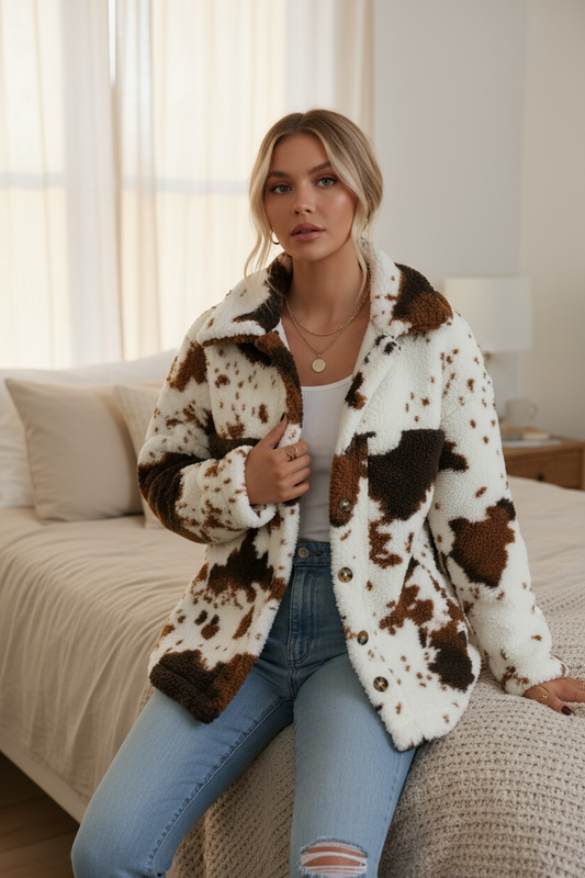 Cow Print Sherpa Jacket Miss Sparkling