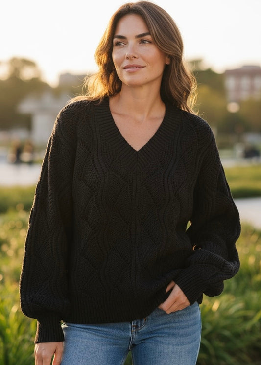 Hollow-Out Knit V-Neck Drop Shoulder Sweater Poet Street Boutique