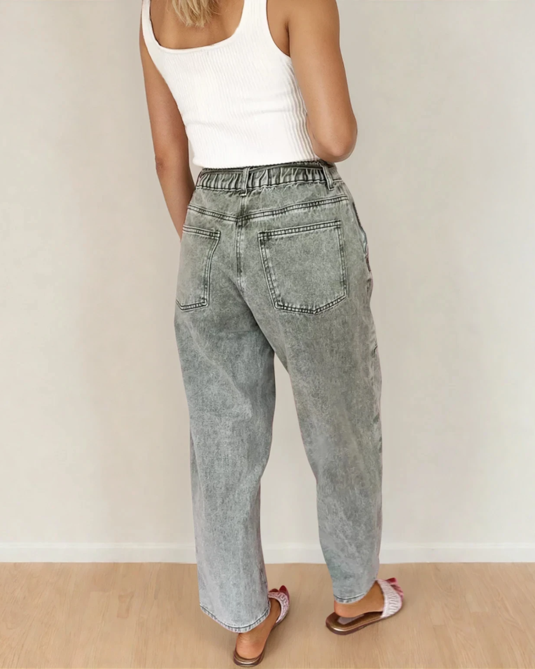 Gray Acid Wash Barrel Fit Denim Pants