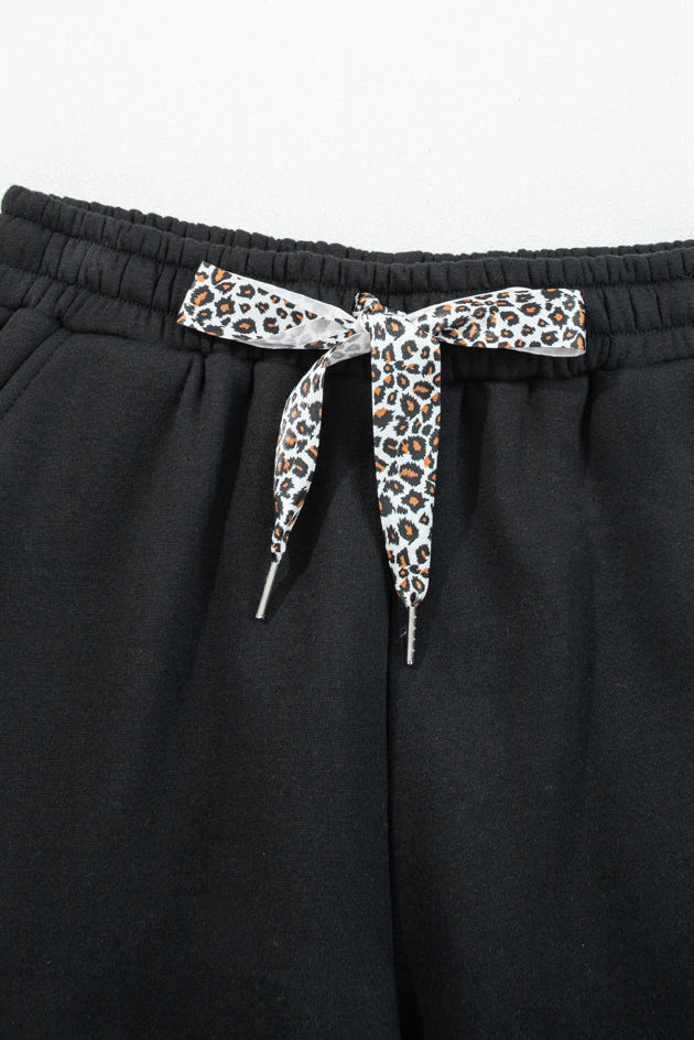 Leopard Drawstring Fleece Lined Elastic Waist Pants