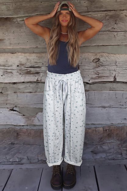 Floral Drawstring High Waist Seamed Barrel Pants