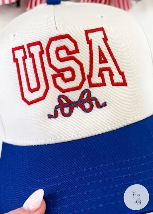 Embroidered USA Hat Adorned With A Red Bow Poet Street Boutique
