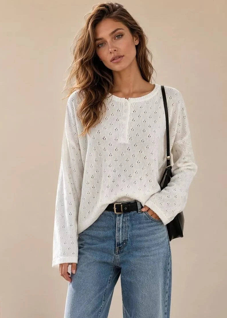 Pointelle Button-Front Round Neck Knit Top - Poet Street Boutique