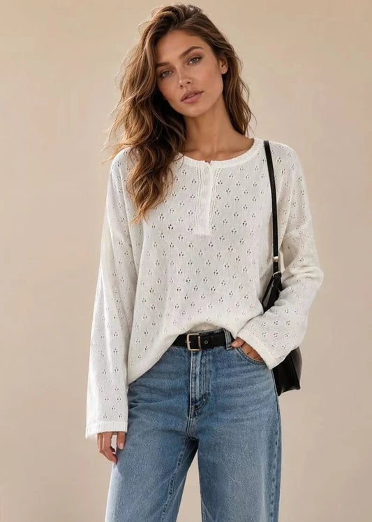 Pointelle Button-Front Round Neck Knit Top - Poet Street Boutique