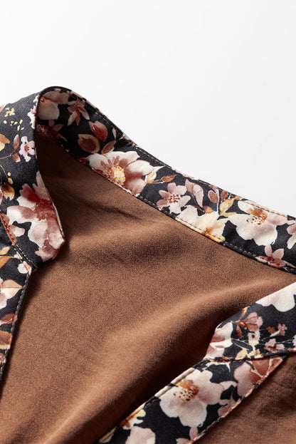 Brown Floral Patchwork Long Sleeve Maxi Dress