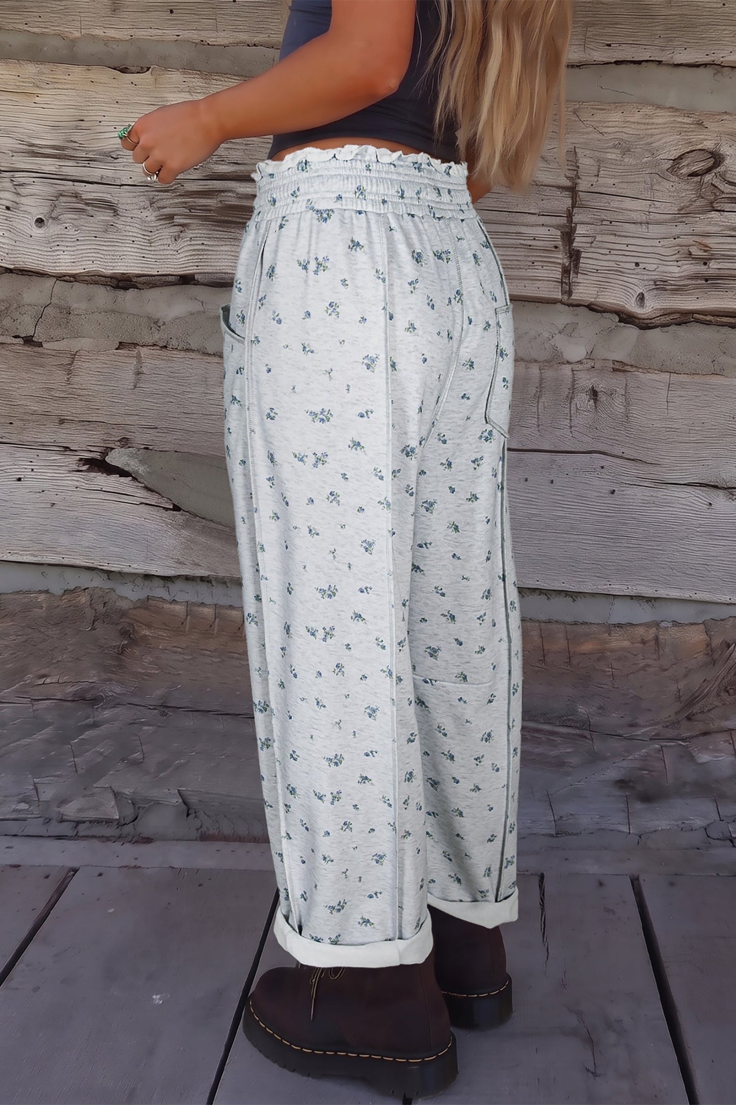 Floral Drawstring High Waist Seamed Barrel Pants