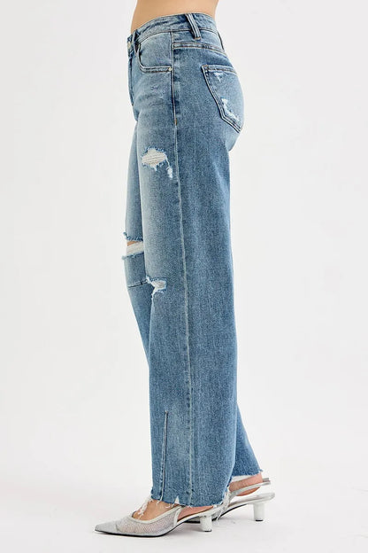 RISEN Mid Rise Fit Wide Baggy Leg Tie Washed Jeans