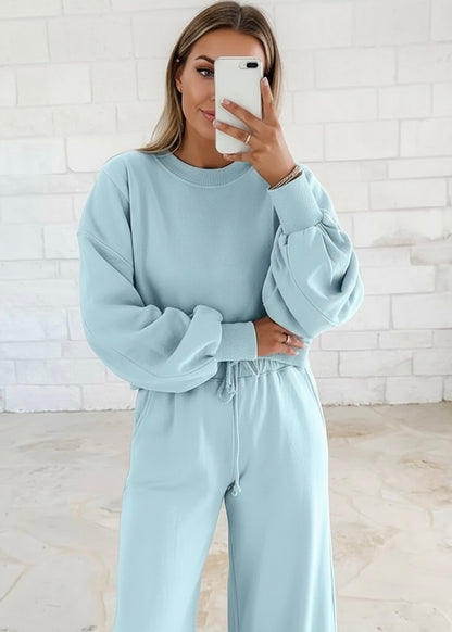 Puff Sleeve Crop Pullover Drawstring Wide Leg Pants Set