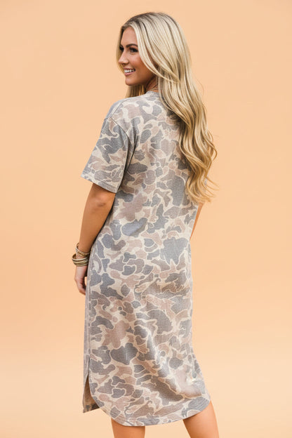 Camo Short Sleeve Drop Shoulder Side Slit Dress