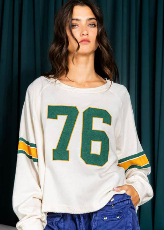 White Printed Retro Sporty Long Sleeve Top YNIQUE