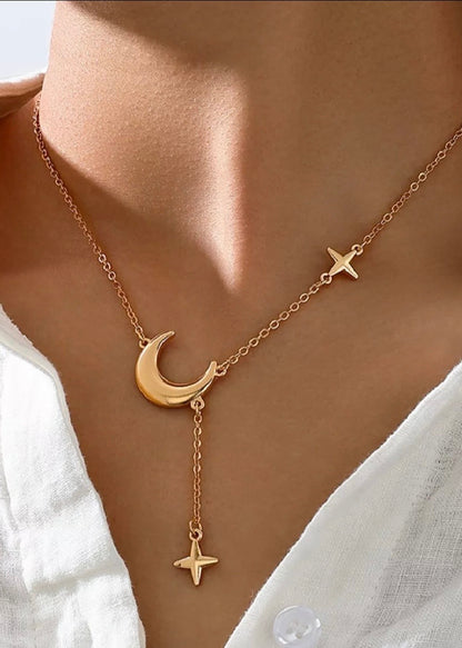 18K Gold-Plated Moon and Star Gold Chain Necklace