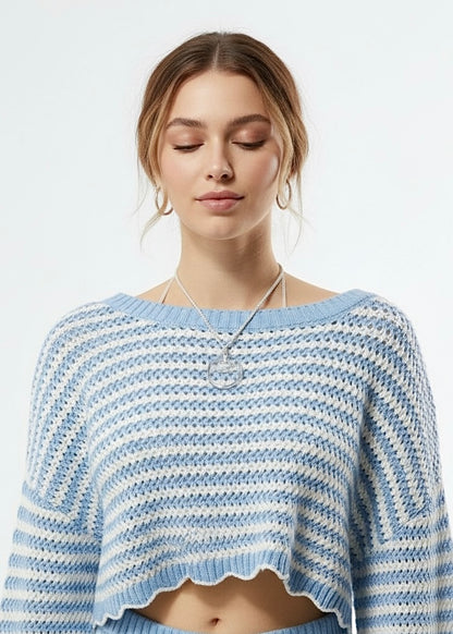 Blue Scalloped Edge Striped Top and Shorts Set
