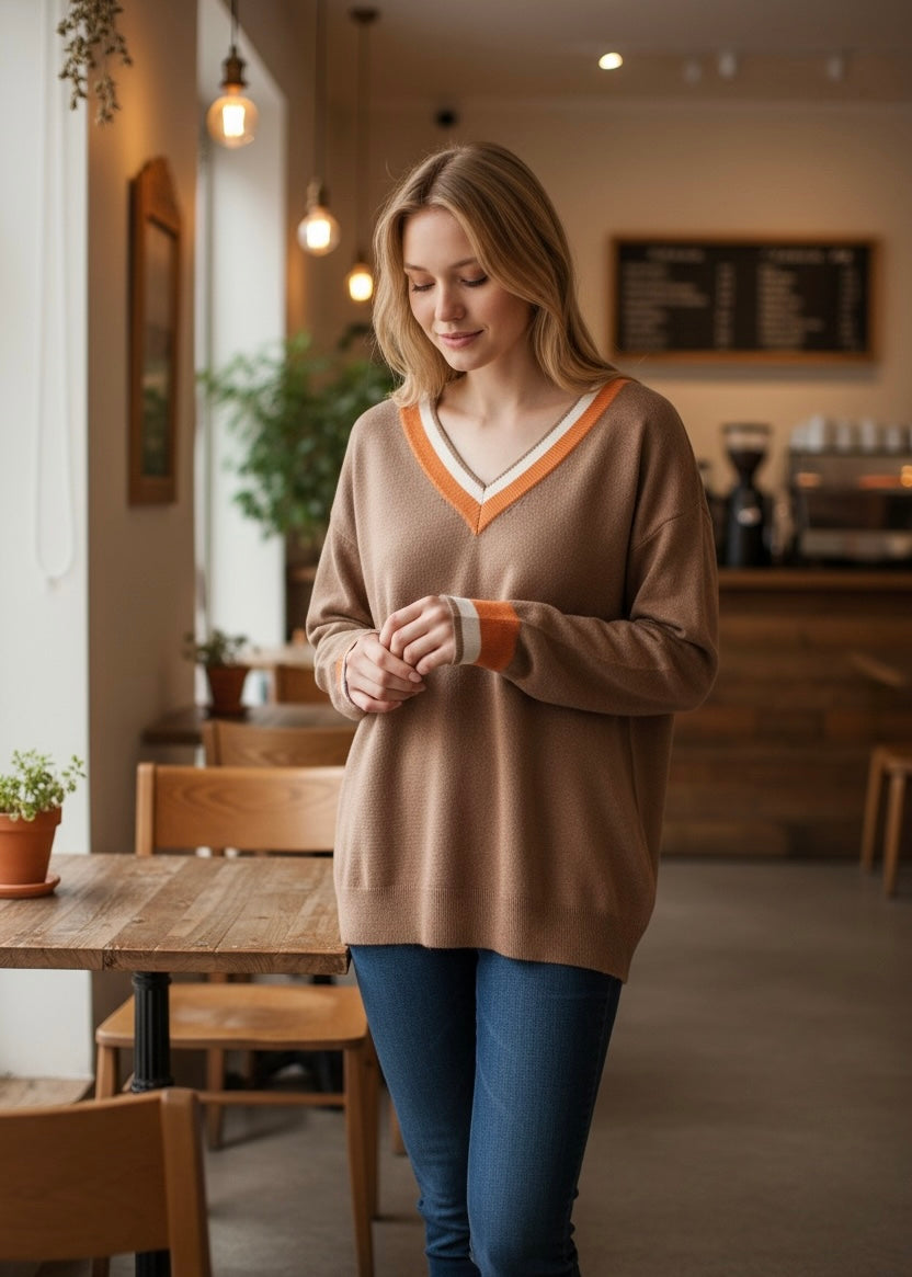 Scarlett Striped Trim Varsity Sweater Threaded Pear