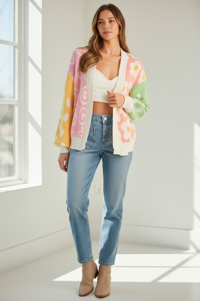 Spring Multi Pattern Color Block Oversized Cardigan Poet Street Boutique