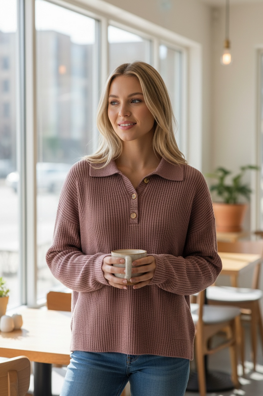 Mineral Wash Cotton Buttoned Polo Collar Knit Sweater Poet Street Boutique