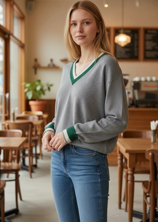 Scarlett Striped Trim Varsity Sweater Threaded Pear