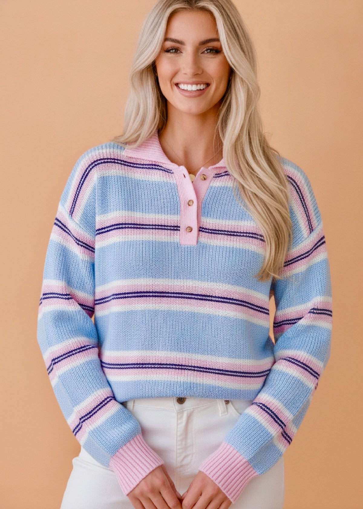 Stripe Ribbed Trim Buttoned Collar Long Sleeve Sweater