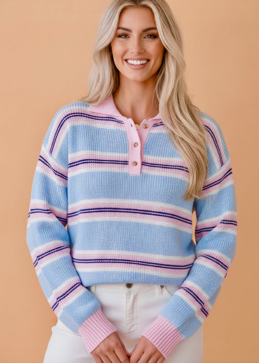 Stripe Ribbed Trim Buttoned Collar Long Sleeve Sweater
