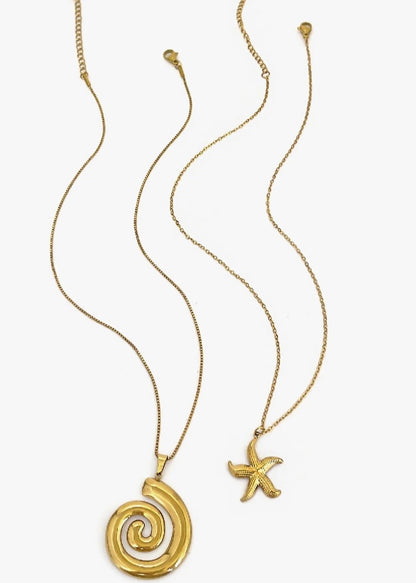 2-Piece 18K Gold-Plated Starfish Spiral Pendant Necklace