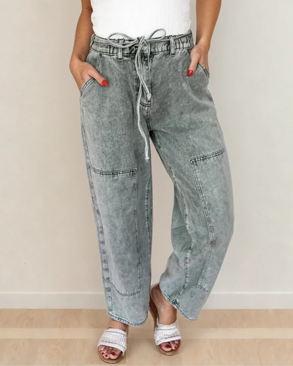 Gray Acid Wash Barrel Fit Denim Pants